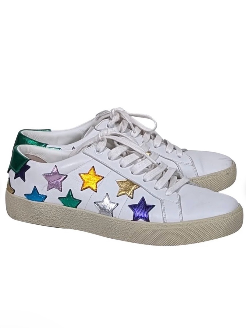 Saint Laurent White Leather Low-Top Sneakers with Multicolor Metallic Stars⭐️